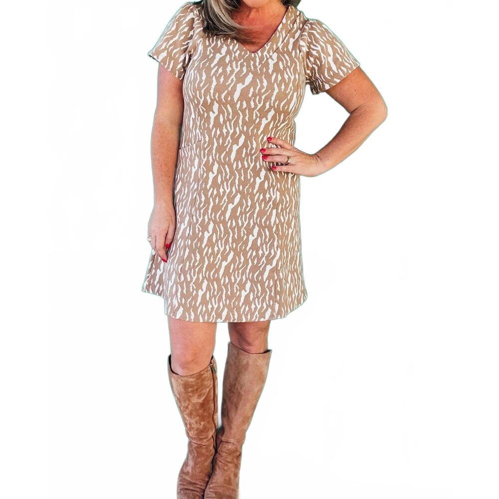 NEW ANNIEWEAR bonnie zebra knit v neck dress in khaki